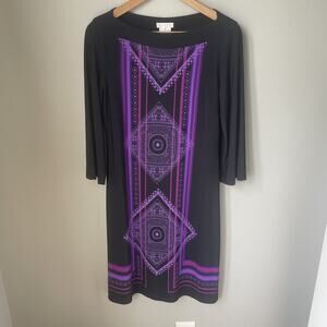 London Times Womens Size 10 Dress Purple Design Black 3/4 Sleeve Great Condition